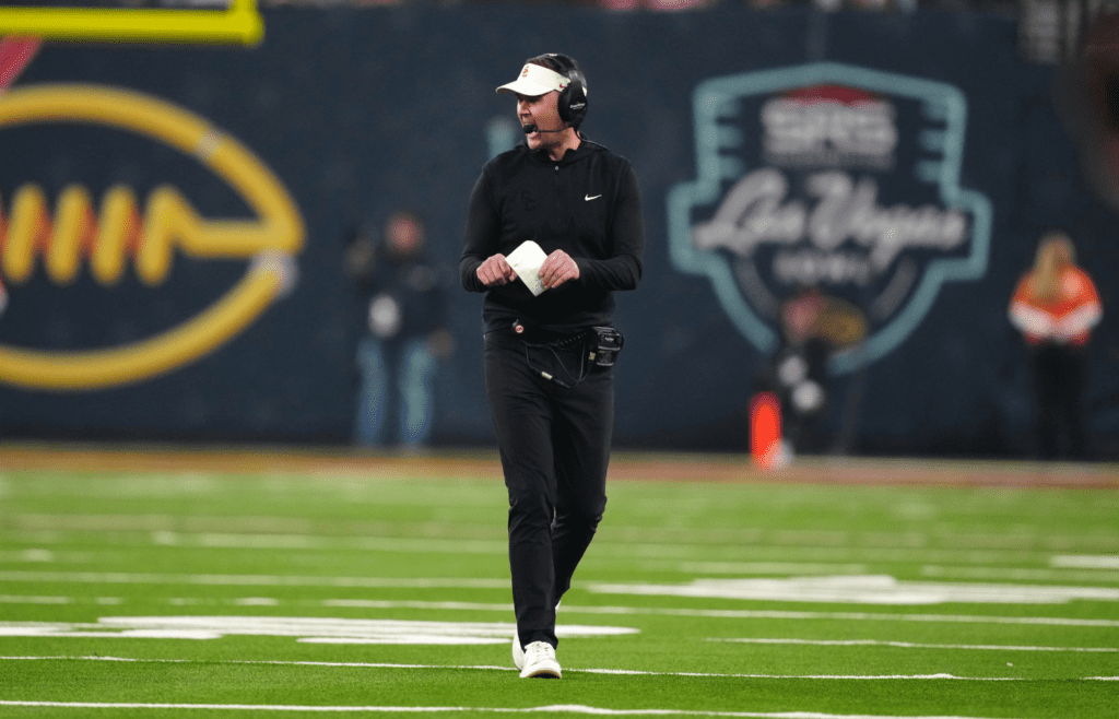 Dec 27, 2024; Las Vegas, NV, USA; Southern California Trojans head coach Lincoln Riley reacts against the Texas A&M Aggies in the first half at Allegiant Stadium. Mandatory Credit: Kirby Lee-Imagn Images