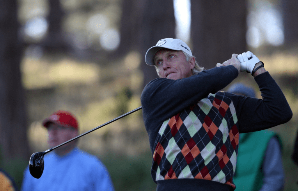 Feb. 8, 2008; Pebble Beach, CA, USA; Greg Norman follows his ball after hitting off the 11th tee during the second round of the AT&T Pebble Beach National Pro-Am golf tournament at the Spyglass Hill in Pebble Beach, CA. Mandatory Credit: Kyle Terada-Imagn Images