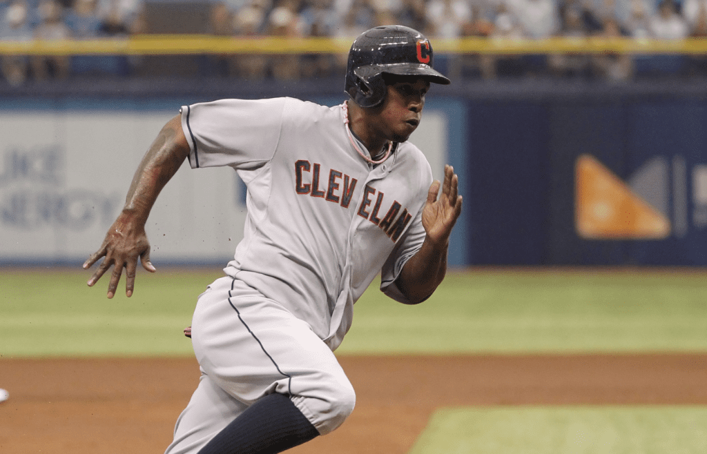 May 11, 2014; St. Petersburg, FL, USA; Cleveland Indians left fielder Nyjer Morgan (6) runs home to score a run during the second inning against the Tampa Bay Rays at Tropicana Field. Mandatory Credit: Kim Klement-Imagn Images