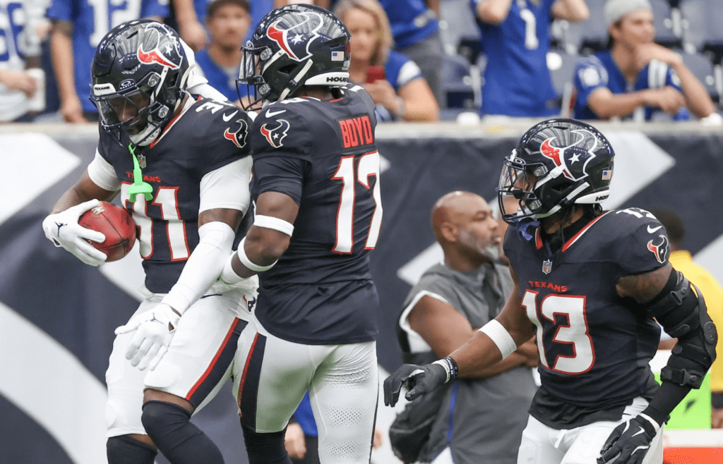 Oct 27, 2024; Houston, Texas, USA; Houston Texans special teams player Kris Boyd (17) celebrates kick off return man Dameon Pierce (31) kick off return against the Indianapolis Colts in the first quarter at NRG Stadium. Mandatory Credit: Thomas Shea-Imagn Images
