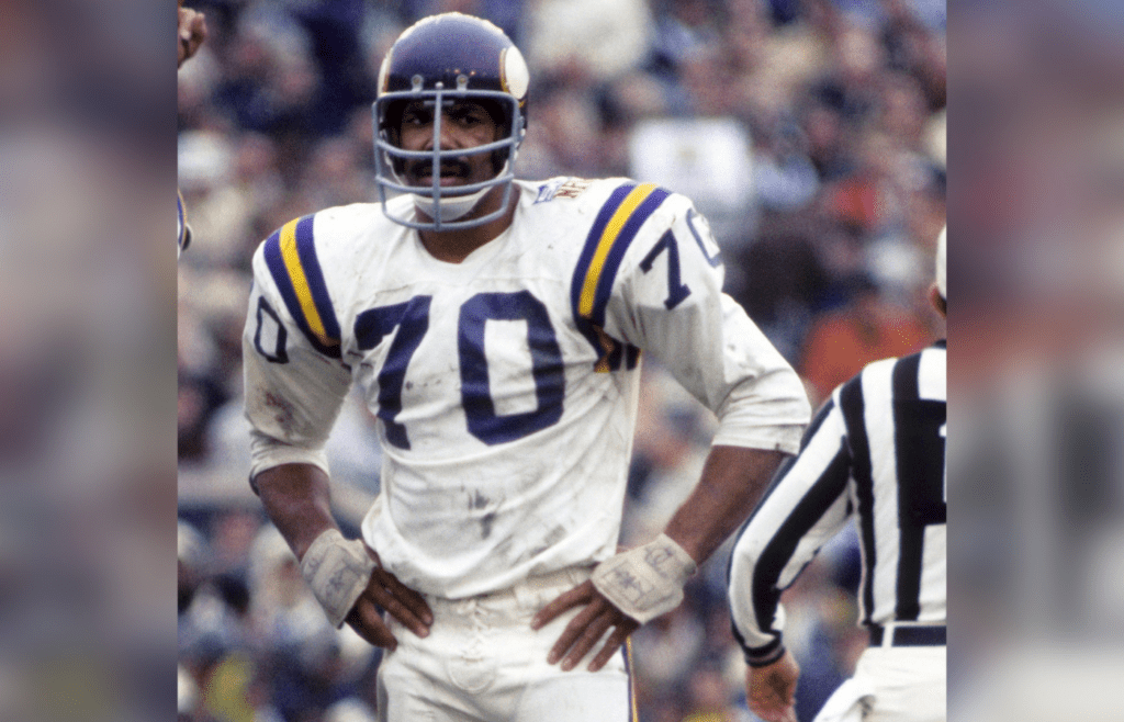 Jan 11, 1970 ; New Orleans, LA, USA; FILE PHOTO; Minnesota Vikings defensive end Jim Marshall during Super Bowl IV against the Kansas City Chiefs at Tulane Stadium. The Chiefs defeated the Vikings 23-7. Mandatory Credit: Darryl Norenberg-Imagn Images