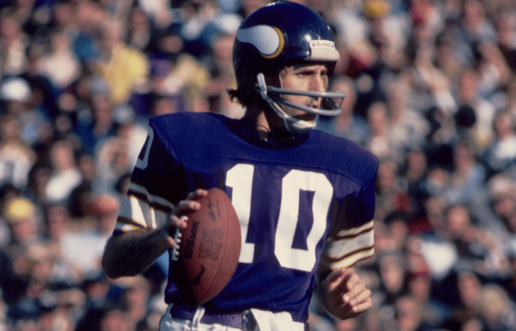 Jan 9, 1977; Pasadena, CA, USA; FILE PHOTO; Minnesota Vikings quarterback Fran Tarkenton (10) in action against the Oakland Raiders during Super Bowl XI at the Rose Bowl. The Raiders defeated the Vikings 32-14 giving the Raiders their first Super Bowl Championship. Mandatory Credit: Malcolm Emmons-Imagn Images