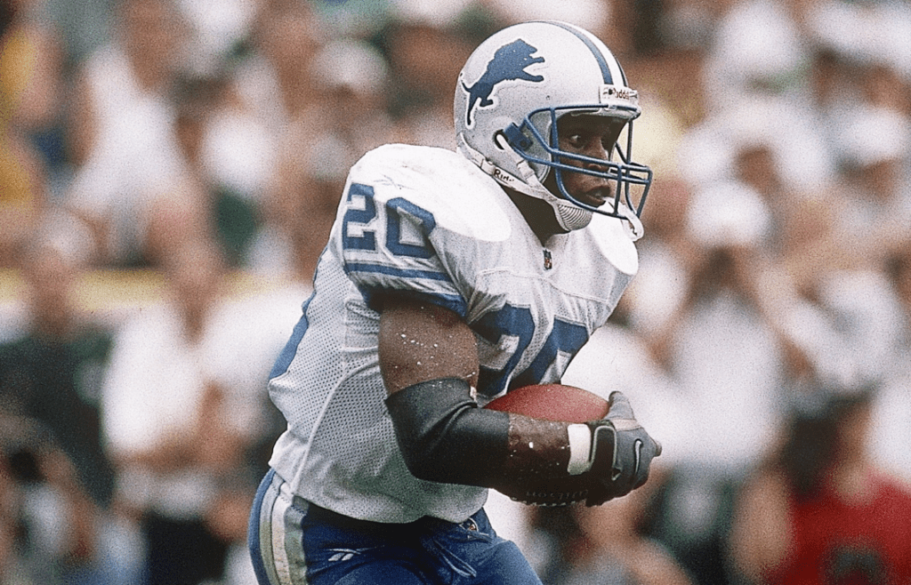 Sep 6, 1998; Green Bay, WI, USA; FILE PHOTO; Detroit Lions running back Barry Sanders (20) carries the ball against the Green Bay Packers at Lambeau Field. Mandatory Credit: Peter Brouillet-USA TODAY NETWORK