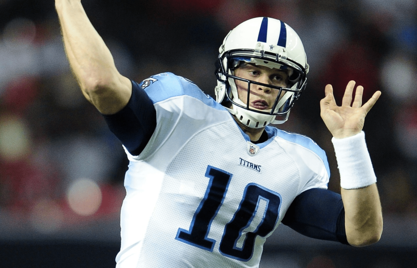 Tennessee Titans rookie quarterback Jake Locker (10) throws a pass against the Atlanta Falcons during action at the Georgia Dome in Atlanta, Ga., on Nov. 20, 2011