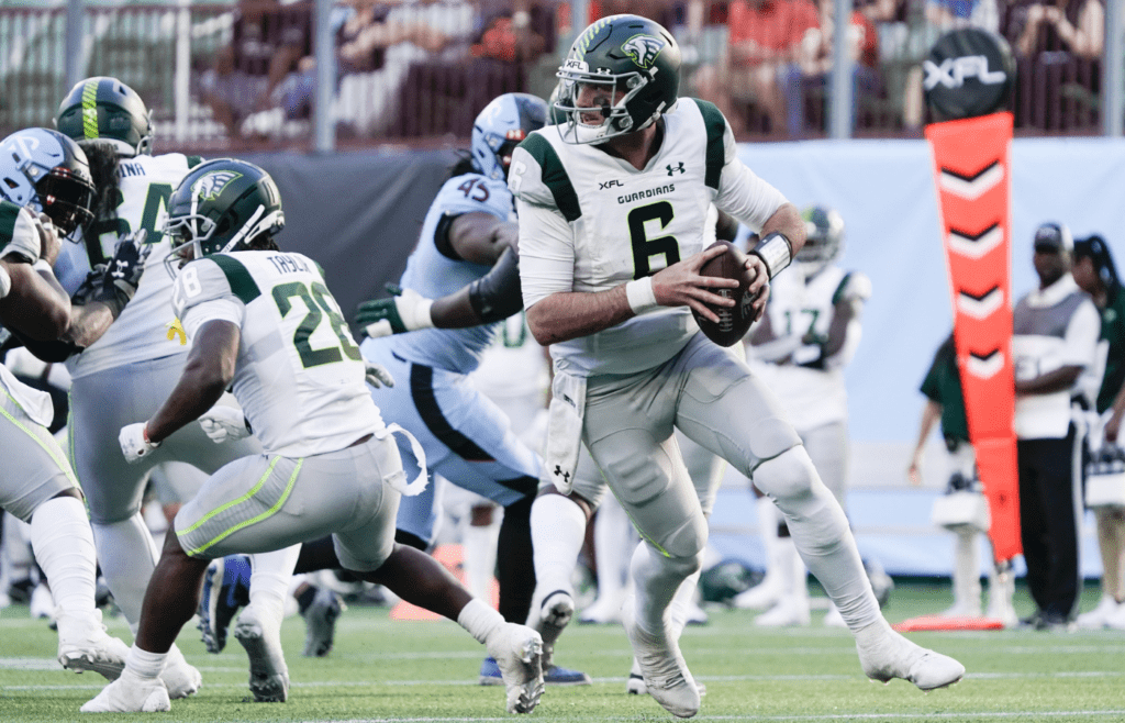 Mar 5, 2023; Arlington, TX, USA; Orlando Guardians quarterback Paxton Lynch (6) looks to pass against the Arlington Renegades during the second half at Choctaw Stadium. Mandatory Credit: Raymond Carlin III-Imagn Images