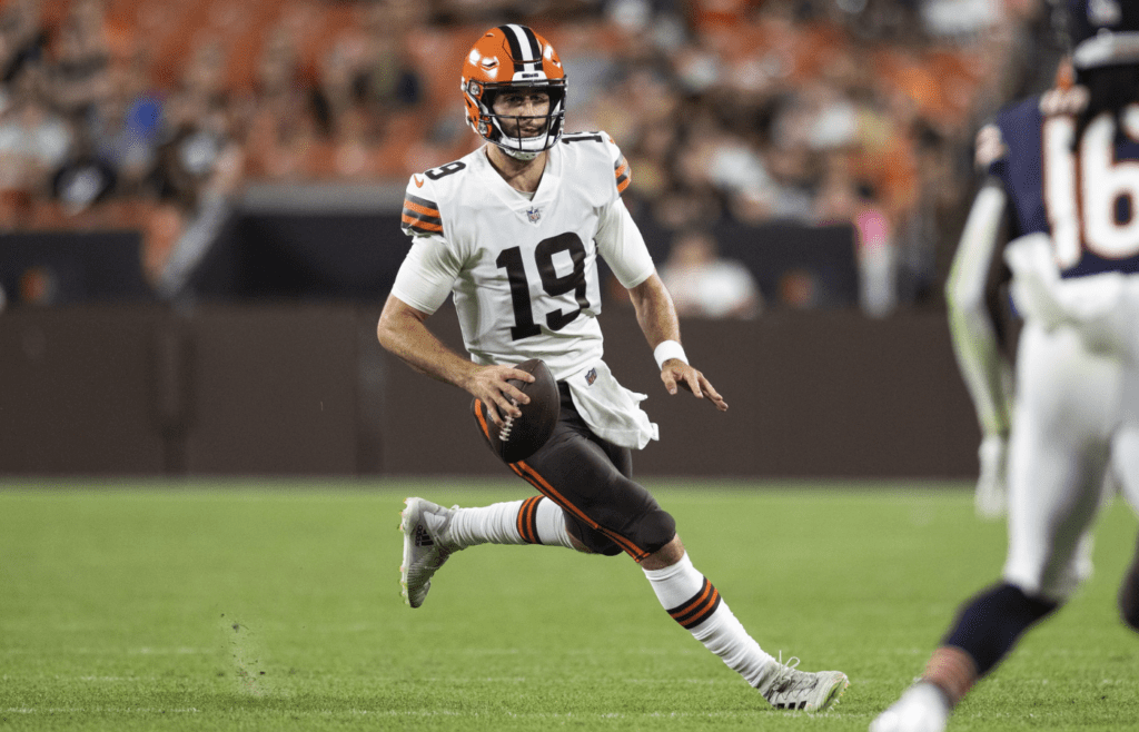 Aug 27, 2022; Cleveland, Ohio, USA; Cleveland Browns quarterback Josh Rosen (19) runs the ball against the Chicago Bears during the fourth quarter at FirstEnergy Stadium. Mandatory Credit: Scott Galvin-Imagn Images