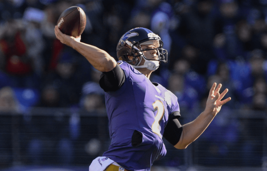 Dec 20, 2015; Baltimore, MD, USA; Baltimore Ravens quarterback Jimmy Clausen (2) throws during the first quarter against the Kansas City Chiefs at M&T Bank Stadium. Mandatory Credit: Tommy Gilligan-Imagn Images
