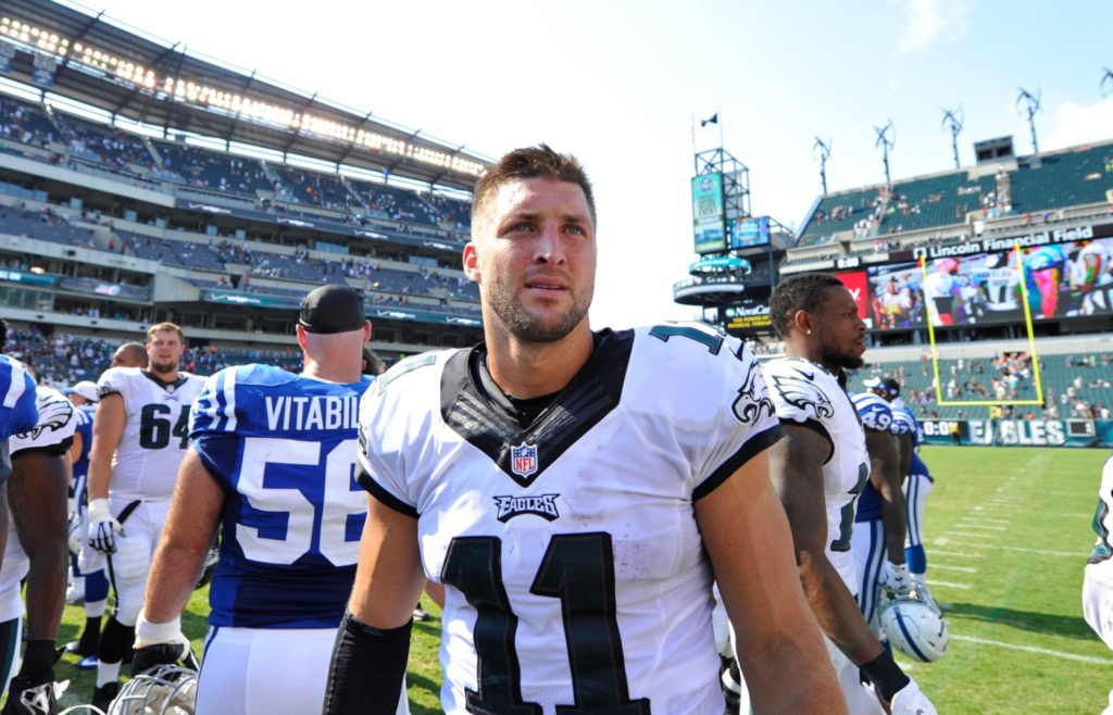 Aug 16, 2015; Philadelphia, PA, USA; Philadelphia Eagles quarterback Tim Tebow (11) after a preseason NFL football game against the Indianapolis Colts at Lincoln Financial Field. Mandatory Credit: Derik Hamilton-Imagn Images