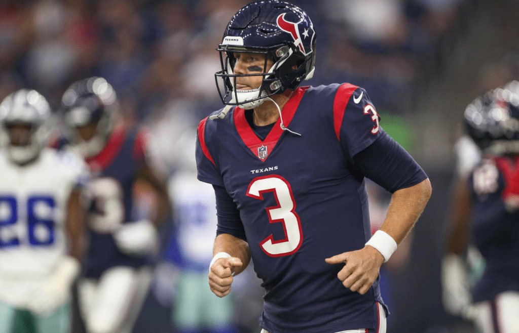 Aug 30, 2018; Houston, TX, USA; Houston Texans quarterback Brandon Weeden (3) jogs off the field during the game against the Dallas Cowboys at NRG Stadium. Mandatory Credit: Troy Taormina-Imagn Images