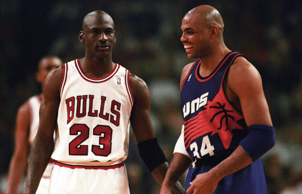 June 1993; Phoenix, AZ, USA; Chicago Bulls guard Michael Jordan (23) and Phoenix Suns player Charles Barkley faced off during the 1993 NBA Finals. Mandatory Credit: Rob Schumacher/The Republic via USA TODAY NETWORK