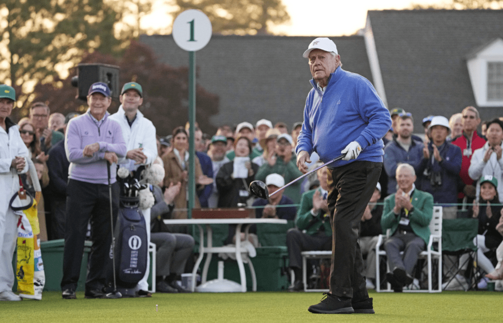 Apr 10, 2025; Augusta, Georgia, USA; Honorary Jack Nicklaus tees off on the first tee during the first round of the Masters Tournament. Mandatory Credit: Michael Madrid-Imagn Images