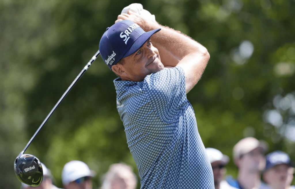 May 18, 2025; Charlotte, North Carolina, USA; Keegan Bradley tees off on the third hole during the final round of the PGA Championship golf tournament at Quail Hollow. Mandatory Credit: Jim Dedmon-Imagn Images