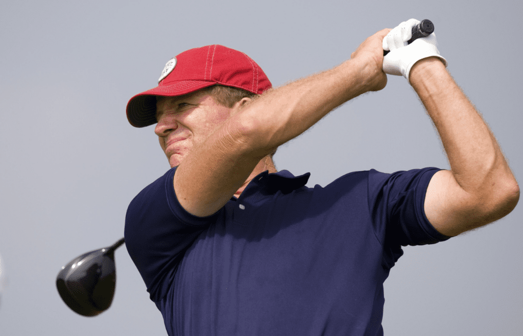 Aug 12, 2010; Haven, WI, USA; Steve Elkington tees off on the second hole in the first round of the 2010 PGA Championship at Whistling Straits. Mandatory Credit: Jeff Hanisch-Imagn Images