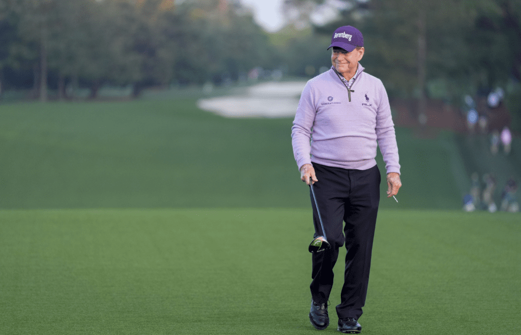 Apr 10, 2025; Augusta, Georgia, USA; Tom Watson walks off the no. 1 tee after serving as an honorary starter during the first round of the Masters Tournament. Mandatory Credit: Katie Goodale-Imagn Images
