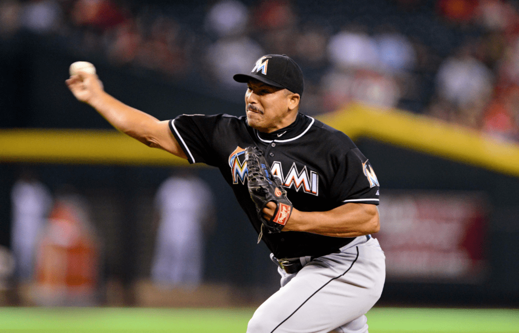 Aug. 22, 2012; Phoenix, AZ, USA: Miami Marlins pitcher Carlos Zambrano pitches in the eighth inning against the Arizona Diamondbacks at Chase Field. Mandatory Credit: Mark J. Rebilas-Imagn Images