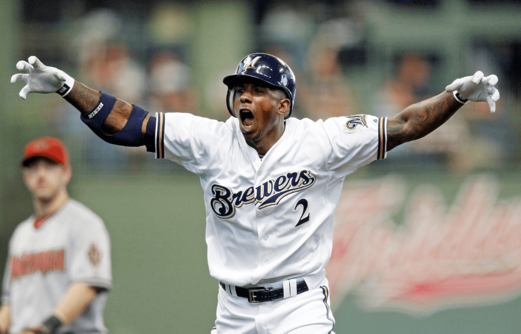 Nyjer Morgan celebrates his double in the 4th inning with the beast move. The Milwaukee Brewers and the Arizona Diamondbacks play game 5 of the NLDS at Miller Park