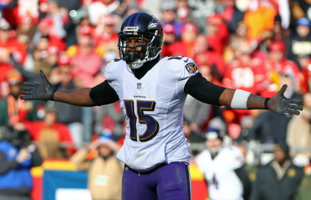 Dec 9, 2018; Kansas City, MO, USA; Baltimore Ravens wide receiver Michael Crabtree (15) reacts to a call in the first half against the Kansas City Chiefs at Arrowhead Stadium. Mandatory Credit: Jay Biggerstaff-Imagn Images