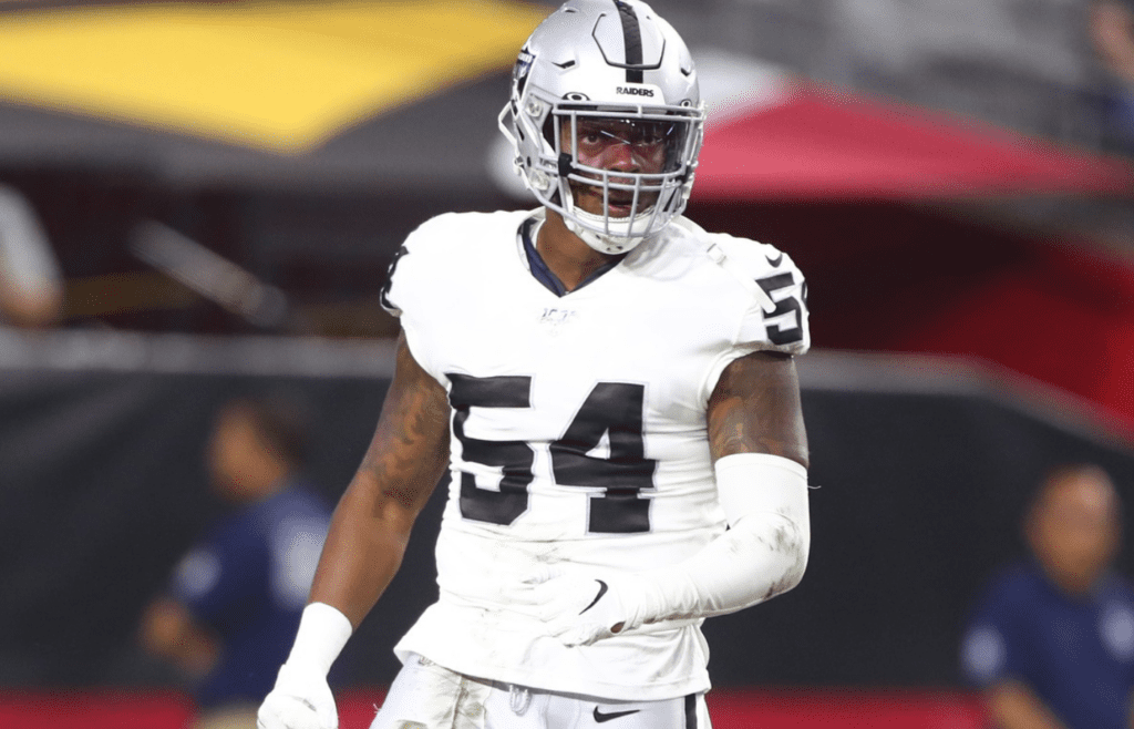 Aug 15, 2019; Glendale, AZ, USA; Oakland Raiders linebacker Brandon Marshall (54) during a preseason game against the Arizona Cardinals at State Farm Stadium. Mandatory Credit: Mark J. Rebilas-Imagn Images