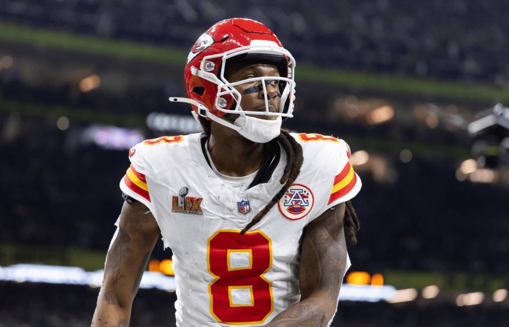 Feb 9, 2025; New Orleans, LA, USA; Kansas City Chiefs wide receiver DeAndre Hopkins (8) against the Philadelphia Eagles in Super Bowl LIX at Ceasars Superdome. Mandatory Credit: Mark J. Rebilas-Imagn Images