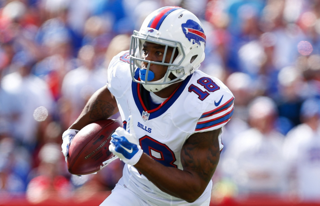 Sep 20, 2015; Orchard Park, NY, USA; Buffalo Bills wide receiver Percy Harvin (18) during the first half against the New England Patriots at Ralph Wilson Stadium. Mandatory Credit: Kevin Hoffman-Imagn Images