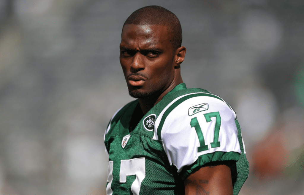 Oct 23, 2011; East Rutherford, NJ, USA; New York Jets wide receiver Plaxico Burress (17) warms up before a game against the San Diego Chargers at MetLife Stadium. Mandatory Credit: Danny Wild-Imagn Images