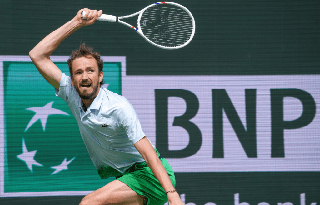Daniil Medvedev hits a shot in his win over Arthur Fils in the men’s quarterfinals at the BNP Paribas Open in Indian Wells, Calif., March 13, 2025