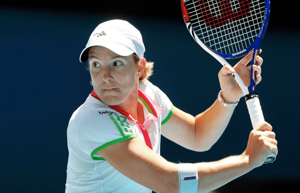 Jan 21, 2011; Melbourne, AUSTRALIA; Justine Henin (BEL) returns a shot against Svetlana Kuznetsova (RUS) on day five of the 2011 Australian Open in Melbourne Park. Mandatory Credit: Matthias Hauer/GEPA via Imagn Images
