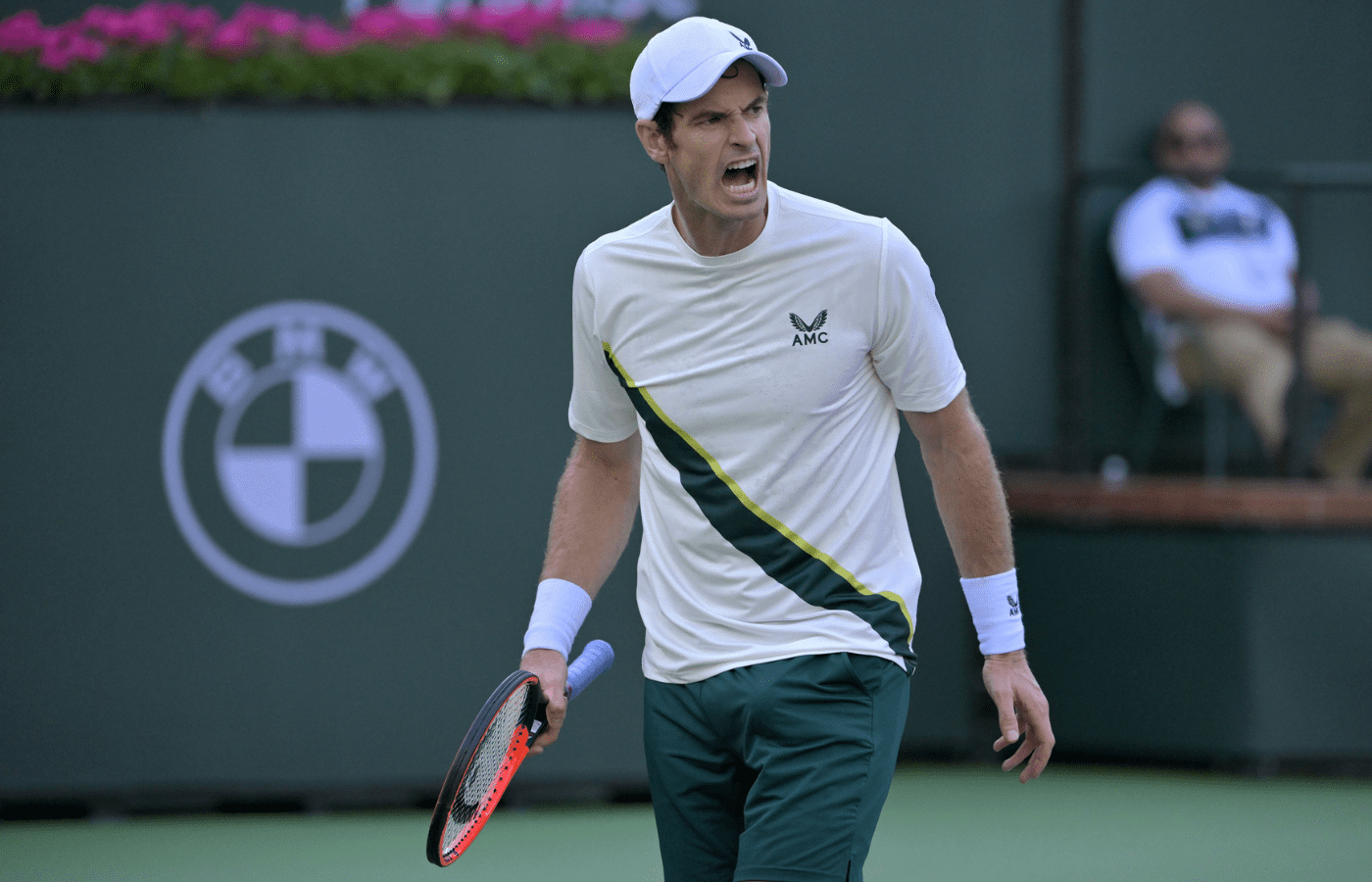 Mar 9, 2023; Indian Wells, CA, USA; Andy Murray (GBR) reacts after a point during his first round match against Thomas Martin Etcheverry (not pictured) on day 4 of the BNP Paribas Open at the Indian Wells Tennis Garden. Mandatory Credit: Jayne Kamin-Oncea-Imagn Images