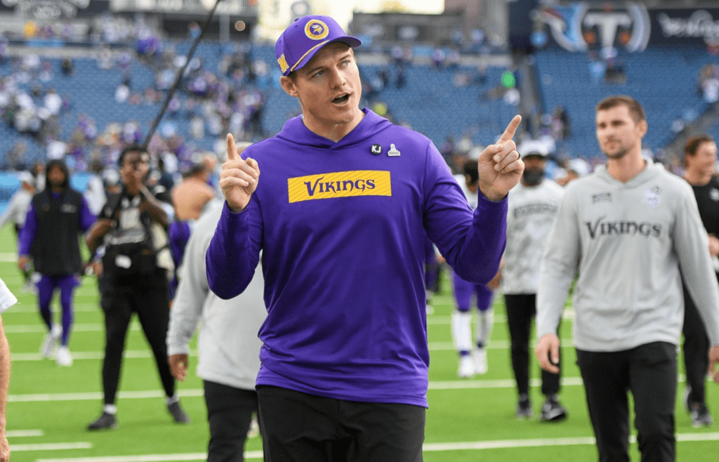 Nov 17, 2024; Nashville, Tennessee, USA; Minnesota Vikings head coach Kevin O’Connell points to the crowd as he walks off the field against the Tennessee Titans during the second half at Nissan Stadium. Mandatory Credit: Steve Roberts-Imagn Images