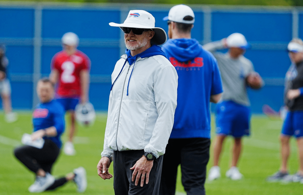Buffalo Bills head coach Sean McDermott watches the players during the voluntary workout at their practice facility on May 27, 2025.