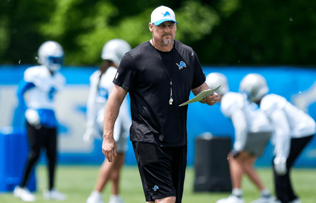 Detroit Lions head coach Dan Campbell watches practices during OTA at Meijer Performance Center in Allen Park on Friday, May 30, 2025