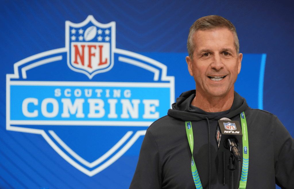 Feb 25, 2025; Indianapolis, IN, USA; Baltimore Ravens coach John Harbaugh speaks during the NFL Scouting Combine at the Indiana Convention Center. Mandatory Credit: Kirby Lee-Imagn Images
