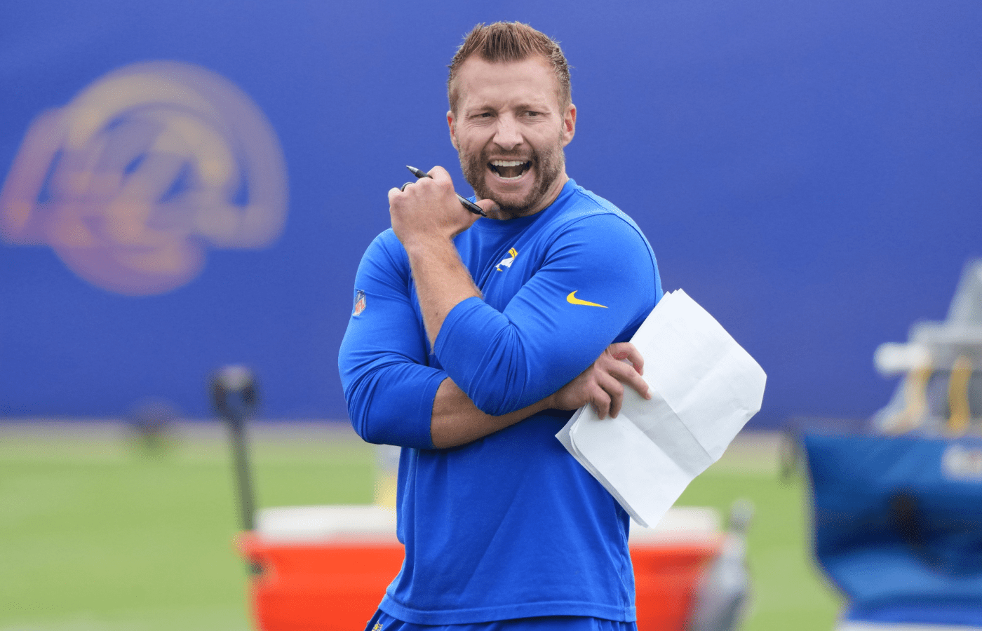 May 28, 2025; Woodland Hills, CA, USA; Los Angeles Rams head coach Sean McVay watches offensive drills during organized team activities at Rams Practice Facility. Mandatory Credit: Kirby Lee-Imagn Images