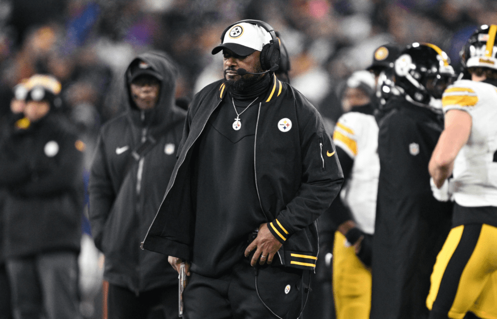 Jan 11, 2025; Baltimore, Maryland, USA; Pittsburgh Steelers head coach Mike Tomlin looks in the third quarter against the Baltimore Ravens in an AFC wild card game at M&T Bank Stadium. Mandatory Credit: Tommy Gilligan-Imagn Images