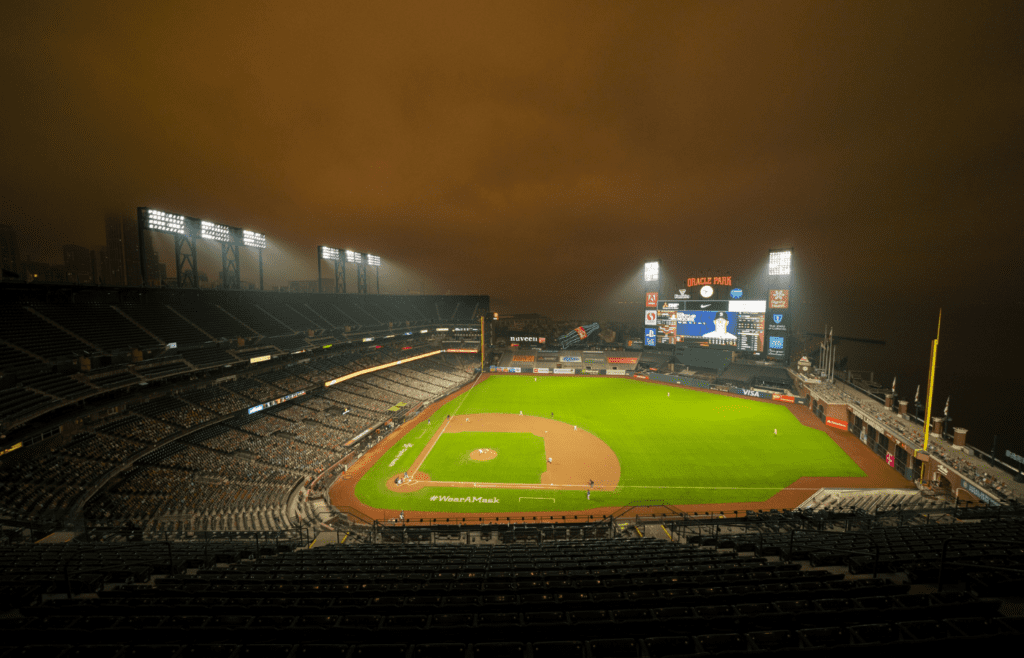 September 9, 2020; San Francisco, California, USA; General view of Oracle Park during the first inning between the San Francisco Giants and the Seattle Mariners. Mandatory Credit: Kyle Terada-Imagn Images