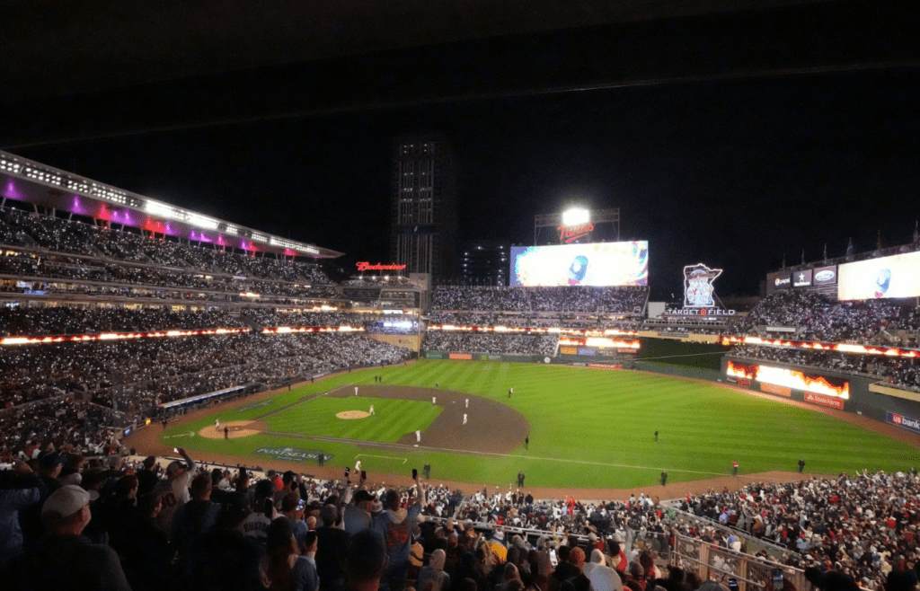 Oct 11, 2023; Minneapolis, Minnesota, USA; General view of the stadium in the eighth inning of the game between the Minnesota Twins and the Houston Astros during game four of the ALDS for the 2023 MLB playoffs at Target Field. Mandatory Credit: Matt Blewett-Imagn Images