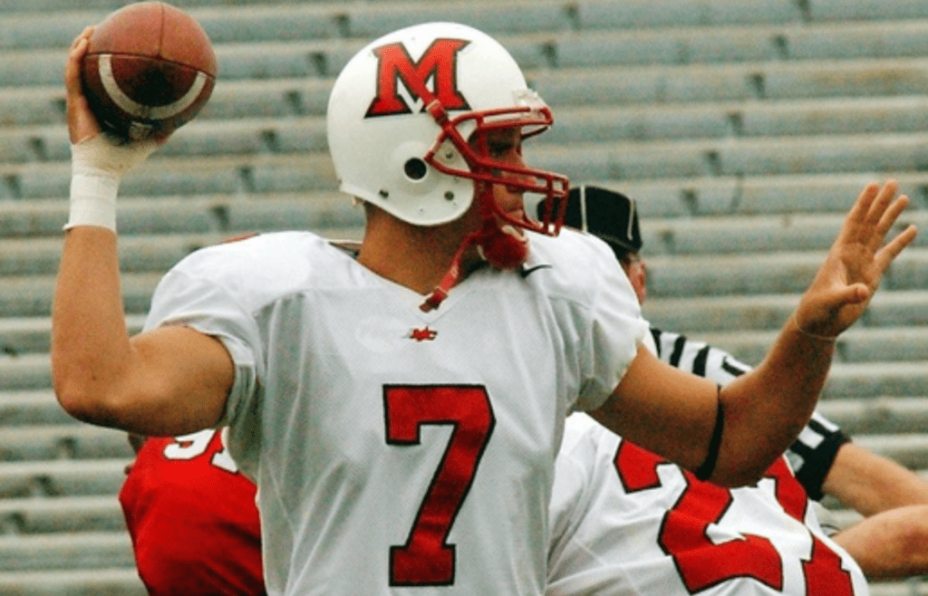 Miami University's Ben Roethlisberger sets up to throw during the RedHawks spring football game at Miami in Oxford on April 20, 2002. Title No Title