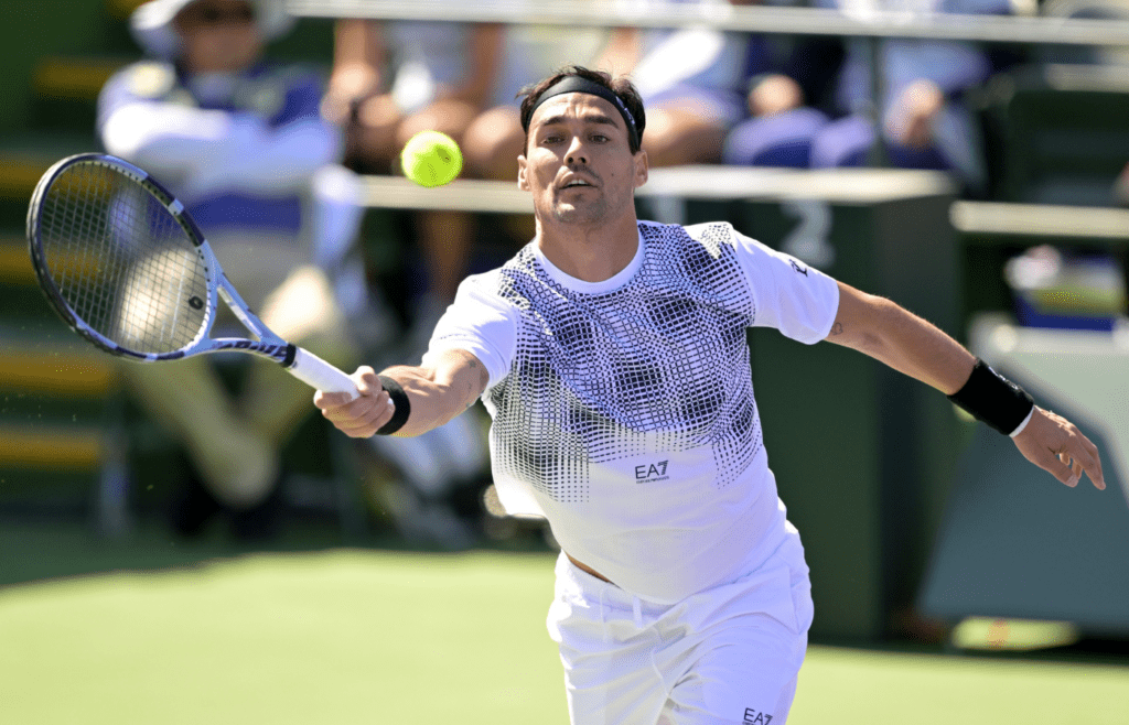 Mar 3, 2025; Indian Wells, CA, USA; Fabio Fognini (ITA) hits a shot against Colton Smith (not pictured) during his qualifying match in the BNP Paribas open at the Indian Well Tennis Garden. Mandatory Credit: Jayne Kamin-Oncea-Imagn Images