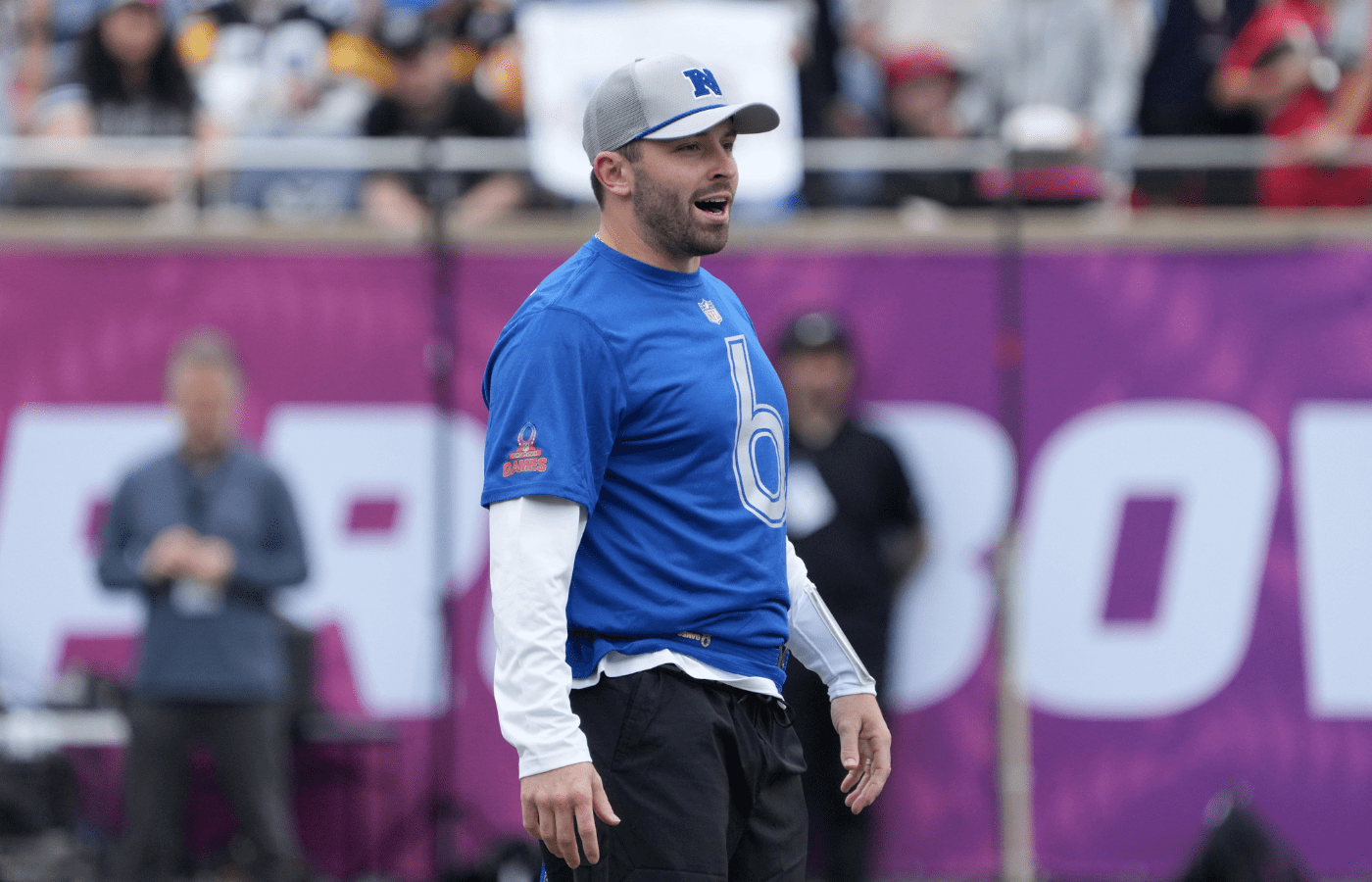 Feb 1, 2025; Orlando, FL, USA; Tampa Bay Buccaneers quarterback Baker Mayfield (6) during NFC Practice for the Pro Bowl Games at Camping World Stadium. Mandatory Credit: Kirby Lee-Imagn Images