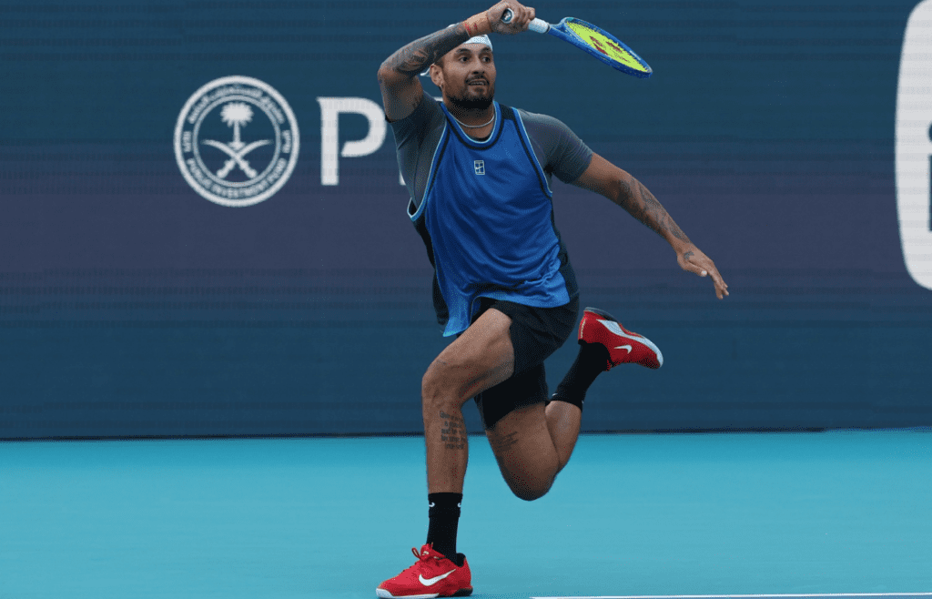 Mar 19, 2025; Miami, FL, USA; Nick Kyrgios (AUS) hits a forehand against Mackenzie McDonald (USA)(not pictured) on day two of the Miami Open at Hard Rock Stadium. Mandatory Credit: Geoff Burke-Imagn Images