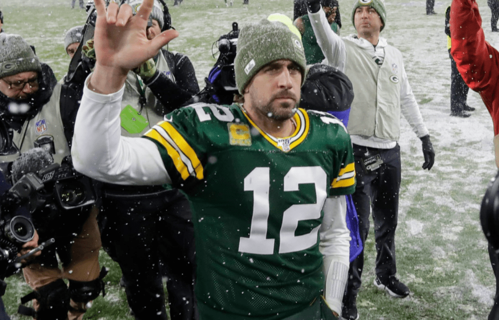 Green Bay Packers quarterback Aaron Rodgers (12)] celebrates during the Green Bay Packers 24-16 win over the Carolina Panthers in Green Bay