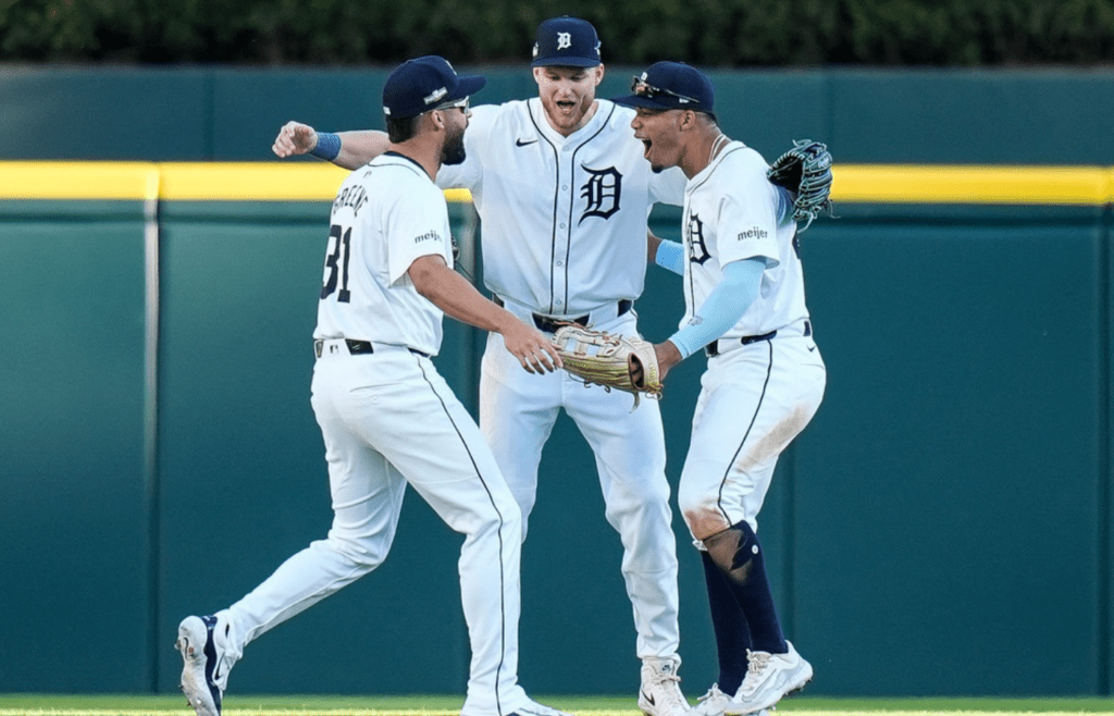 From left, Detroit Tigers left fielder Riley Greene (31), center fielder Parker Meadows (22) and right fielder Wenceel Pérez (46) celebrate 3-0 win over Cleveland Guardians at Game 3 of ALDS at Comerica Park in Detroit on Wednesday, Oct. 9, 2024