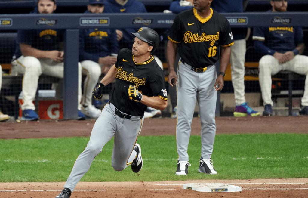 Pittsburgh Pirates outfielder Bryan Reynolds (10) rohjdns first base after hitting an RBI double during the third inning of their game against the Milwaukee Brewers Monday, May 13, 2024 at American Family Field in Milwaukee, Wisconsin.Mark Hoffman/Milwaukee Journal Sentinel