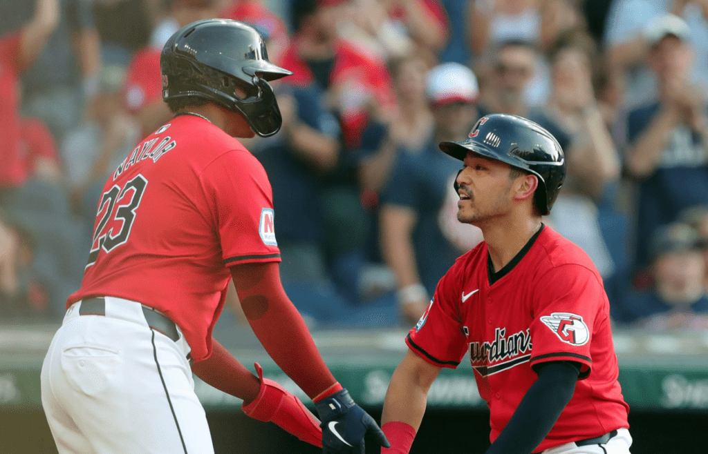Cleveland Guardians left fielder Steven Kwan (38) celebrates after his two-run homer with Bo Naylor (23) during the second inning of an MLB game against the Seattle Mariners at Progressive Field, Wednesday, June 19, 2024, in Cleveland, Ohio