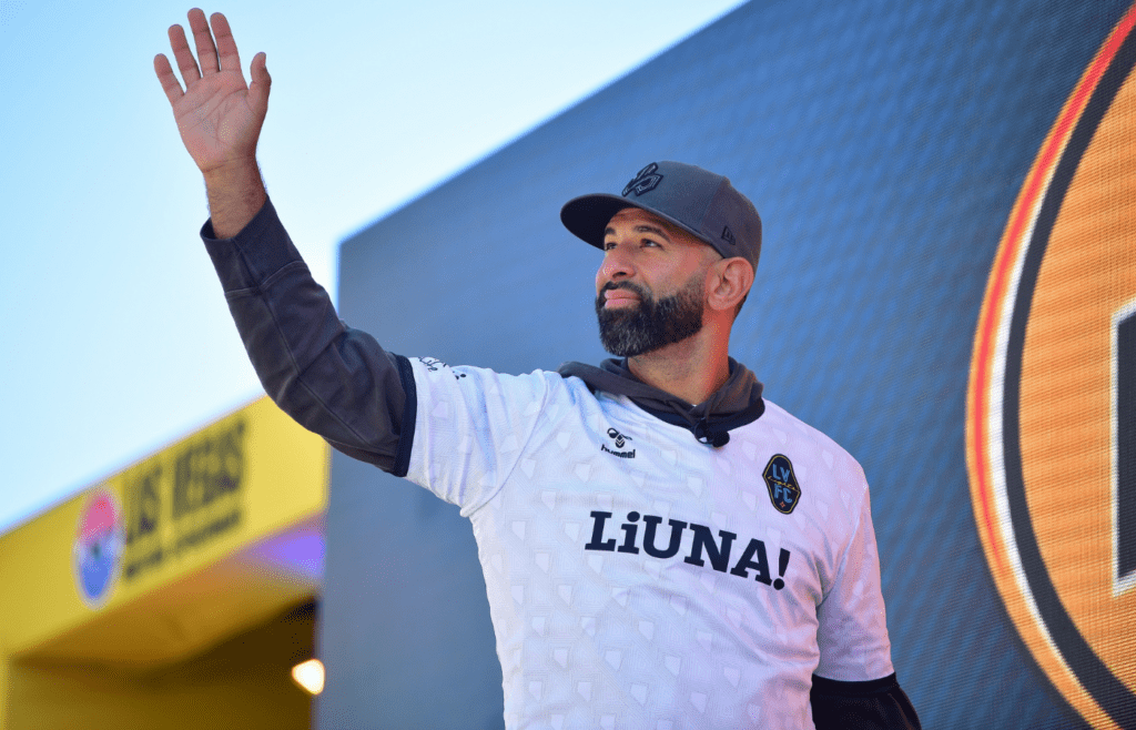 Mar 3, 2024; Las Vegas, Nevada, USA; Former baseball player and Las Vegas Lights FC owner Jose Bautista attends the Pennzoil 400 at Las Vegas Motor Speedway. Mandatory Credit: Gary A. Vasquez-Imagn Images