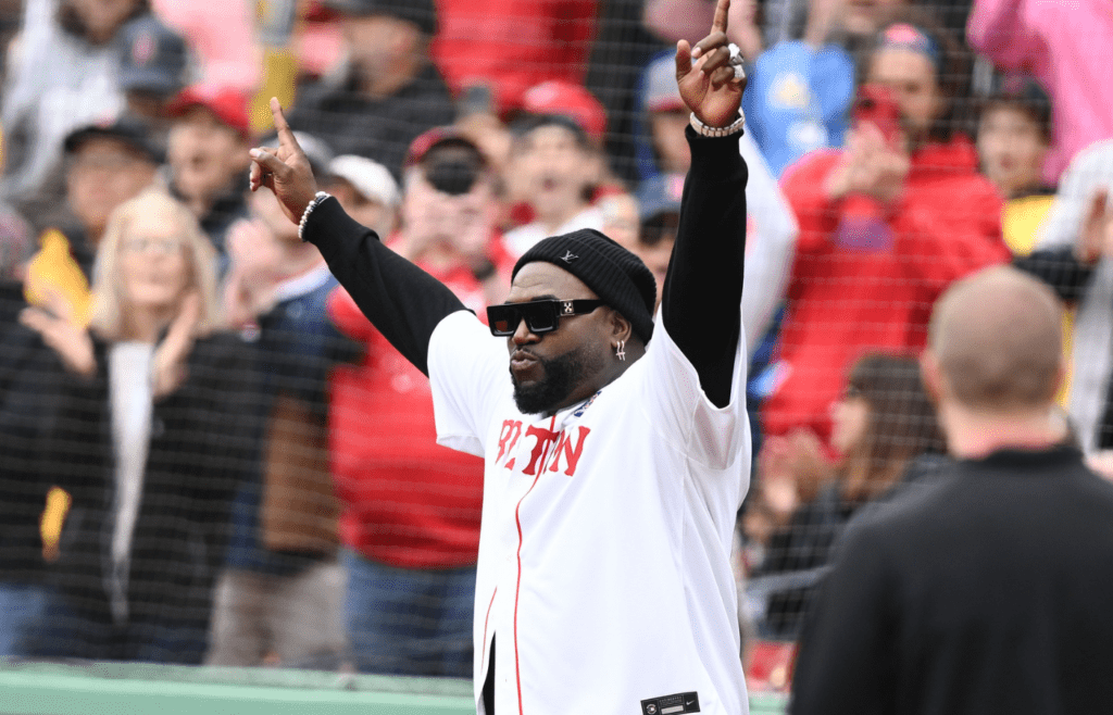 Apr 16, 2023; Boston, Massachusetts, USA; Former Red Sox player David Ortiz walks onto the field during a ceremony before a game against the Los Angeles Angels at Fenway Park. Mandatory Credit: Brian Fluharty-Imagn Images