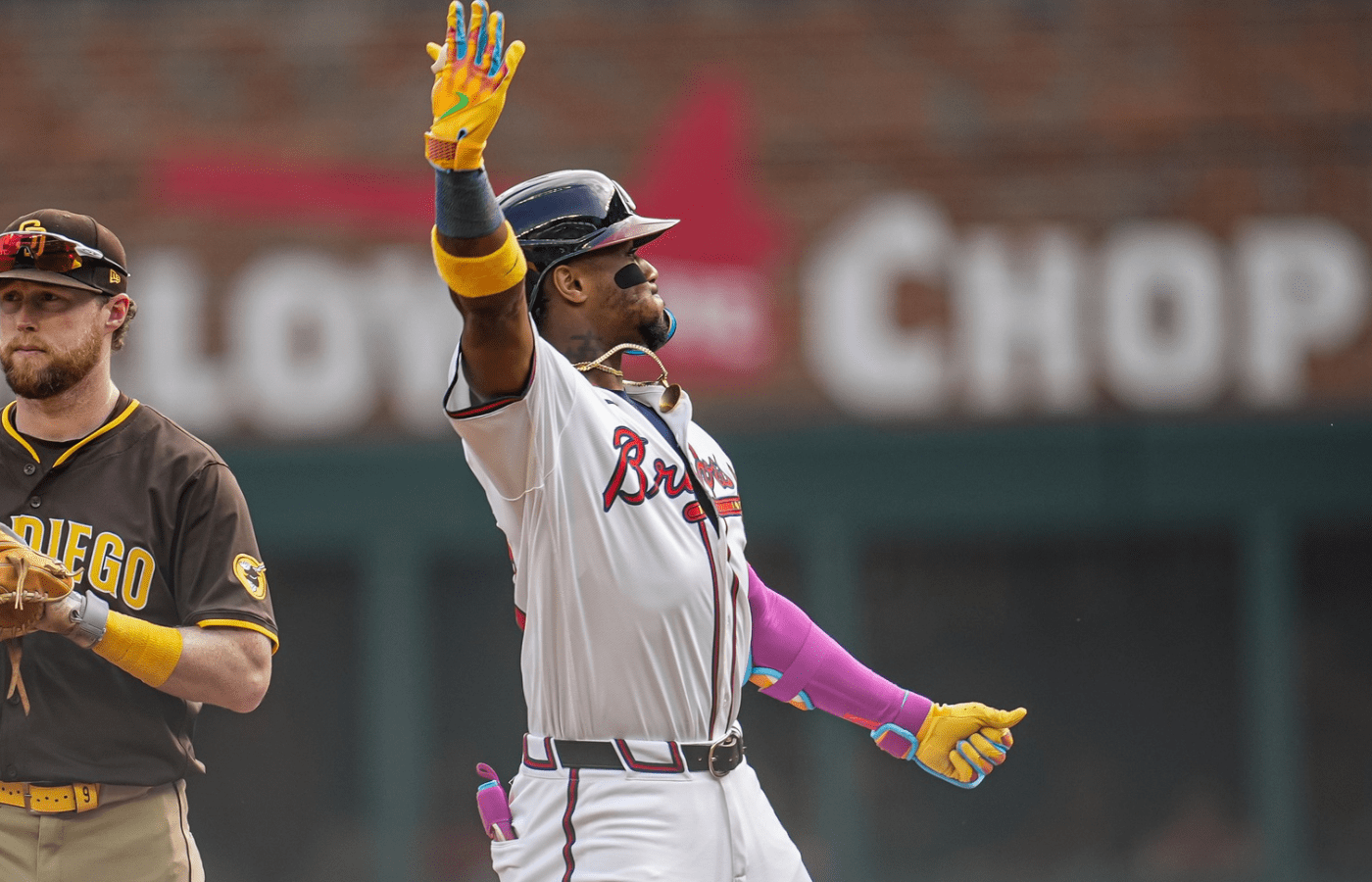 May 25, 2025; Cumberland, Georgia, USA; Atlanta Braves right fielder Ronald Acuna Jr (13) reacts after hitting a double against the San Diego Padres during the fifth inning at Truist Park. Mandatory Credit: Dale Zanine-Imagn Images