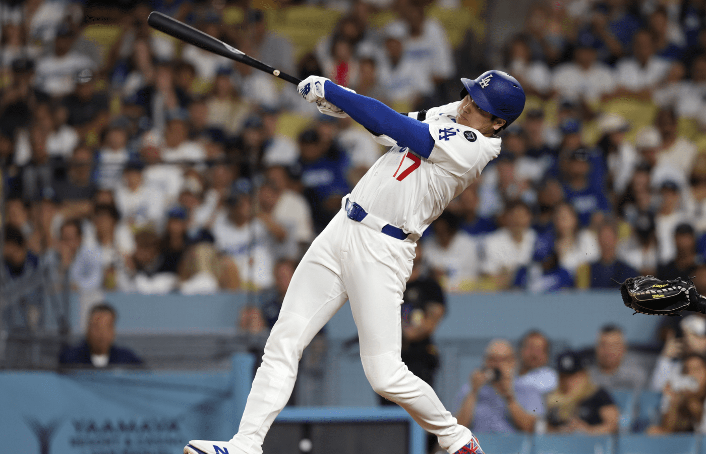 May 30, 2025; Los Angeles, California, USA; Los Angeles Dodgers designated hitter Shohei Ohtani (17) pops out during the eighth inning against the New York Yankees at Dodger Stadium. Mandatory Credit: Jason Parkhurst-Imagn Images