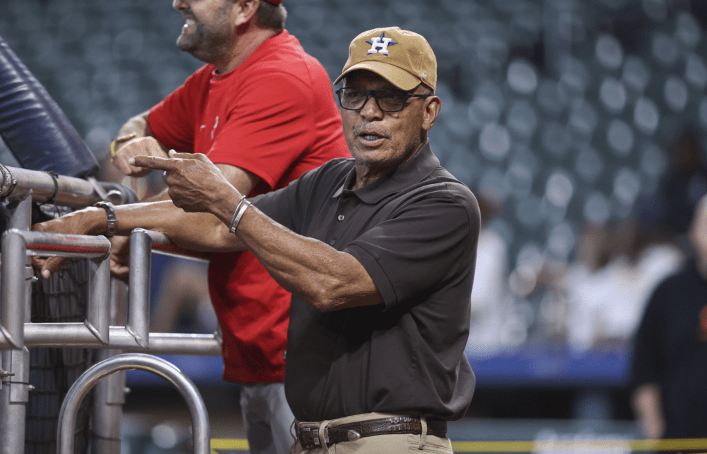 Apr 30, 2023; Houston, Texas, USA; Houston Astros special assistant Reggie Jackson during batting practice before the game against the Philadelphia Phillies at Minute Maid Park. Mandatory Credit: Troy Taormina-Imagn Images