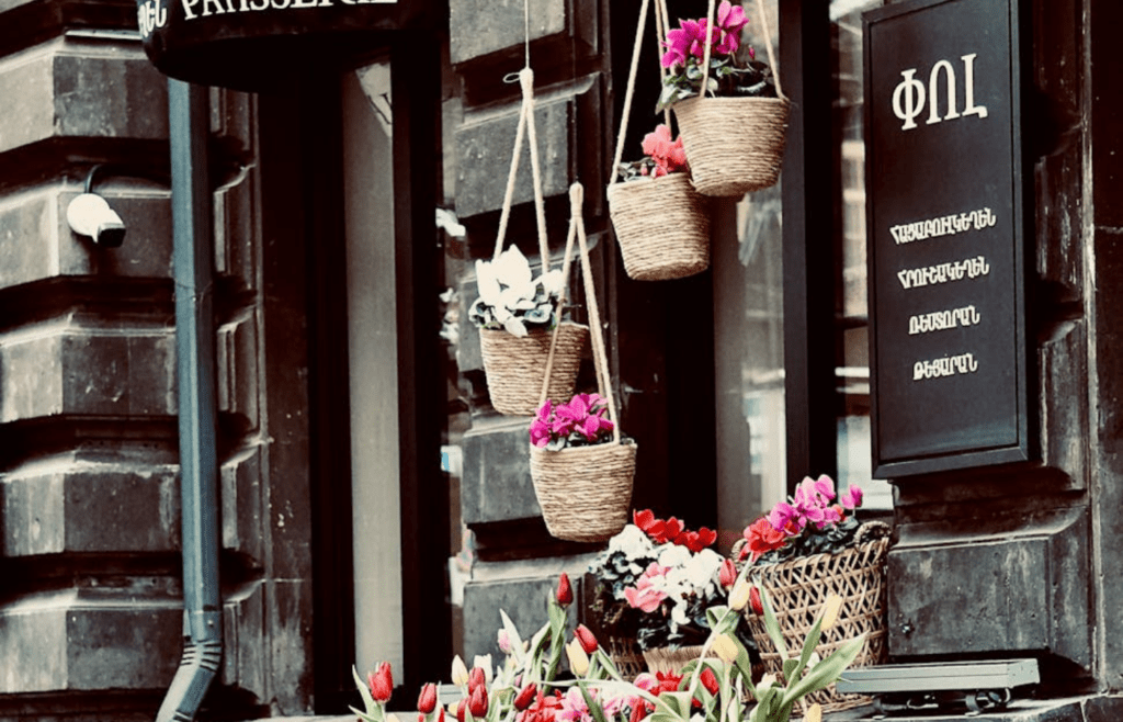 Colorful hanging baskets on a porch or patio
